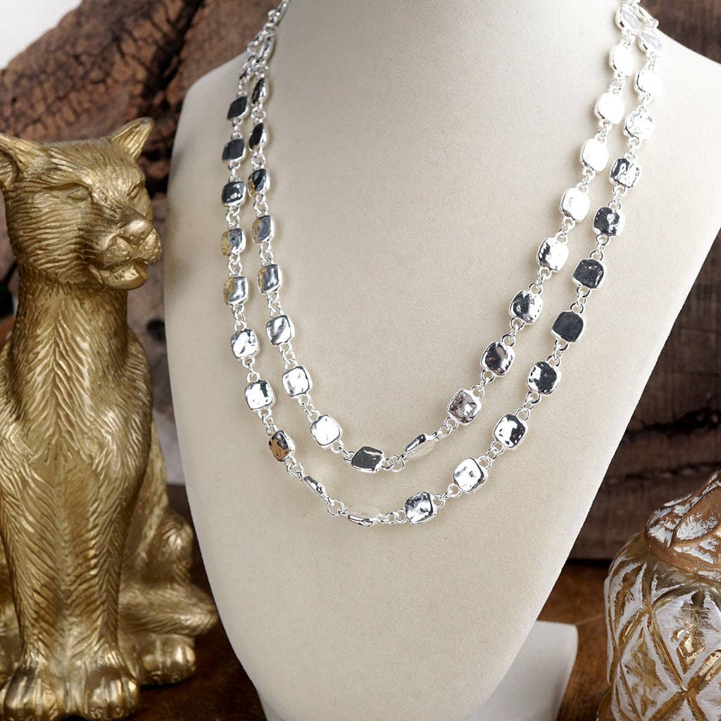 Shimmer Silver Current Textured Double Strand  Necklace