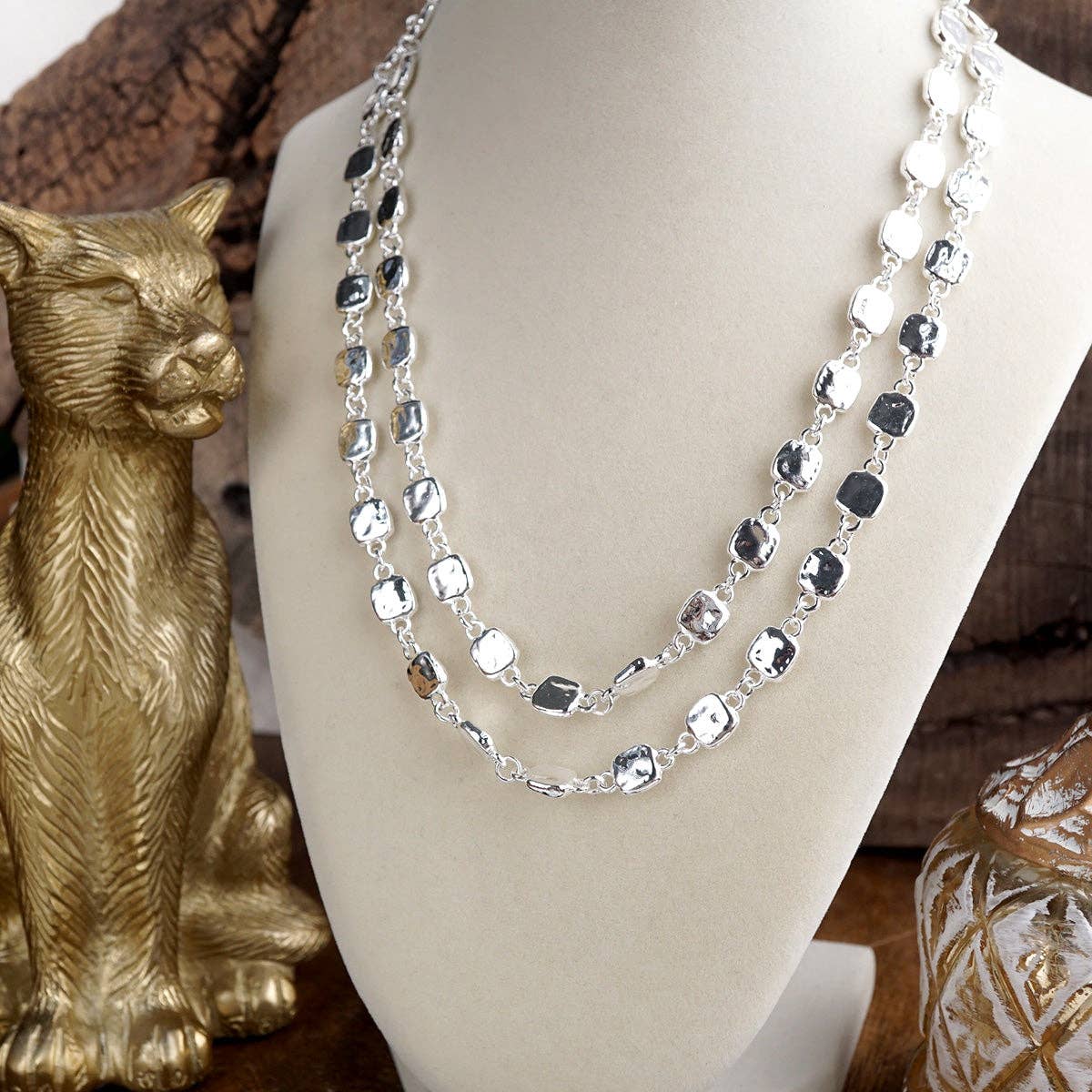 Shimmer Silver Current Textured Double Strand  Necklace