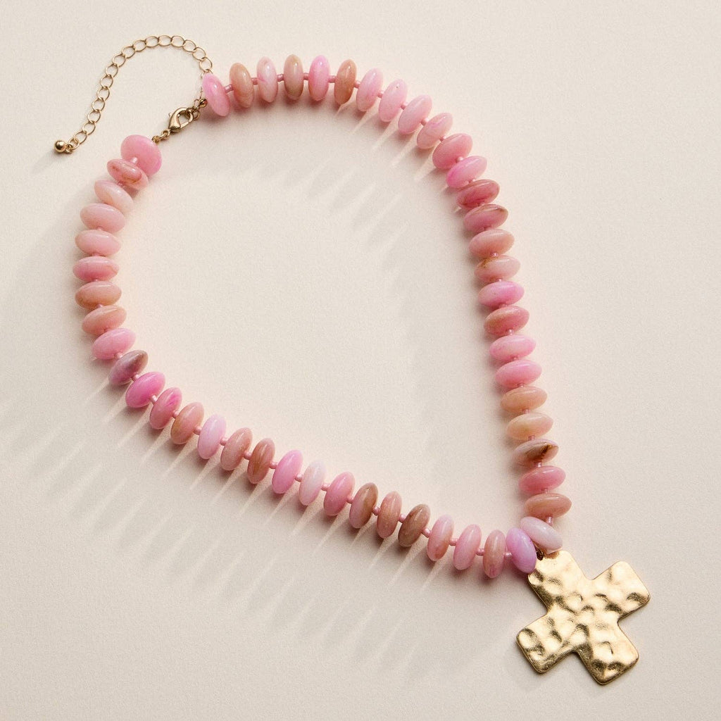 Pink Beaded Cross Pendant Necklace