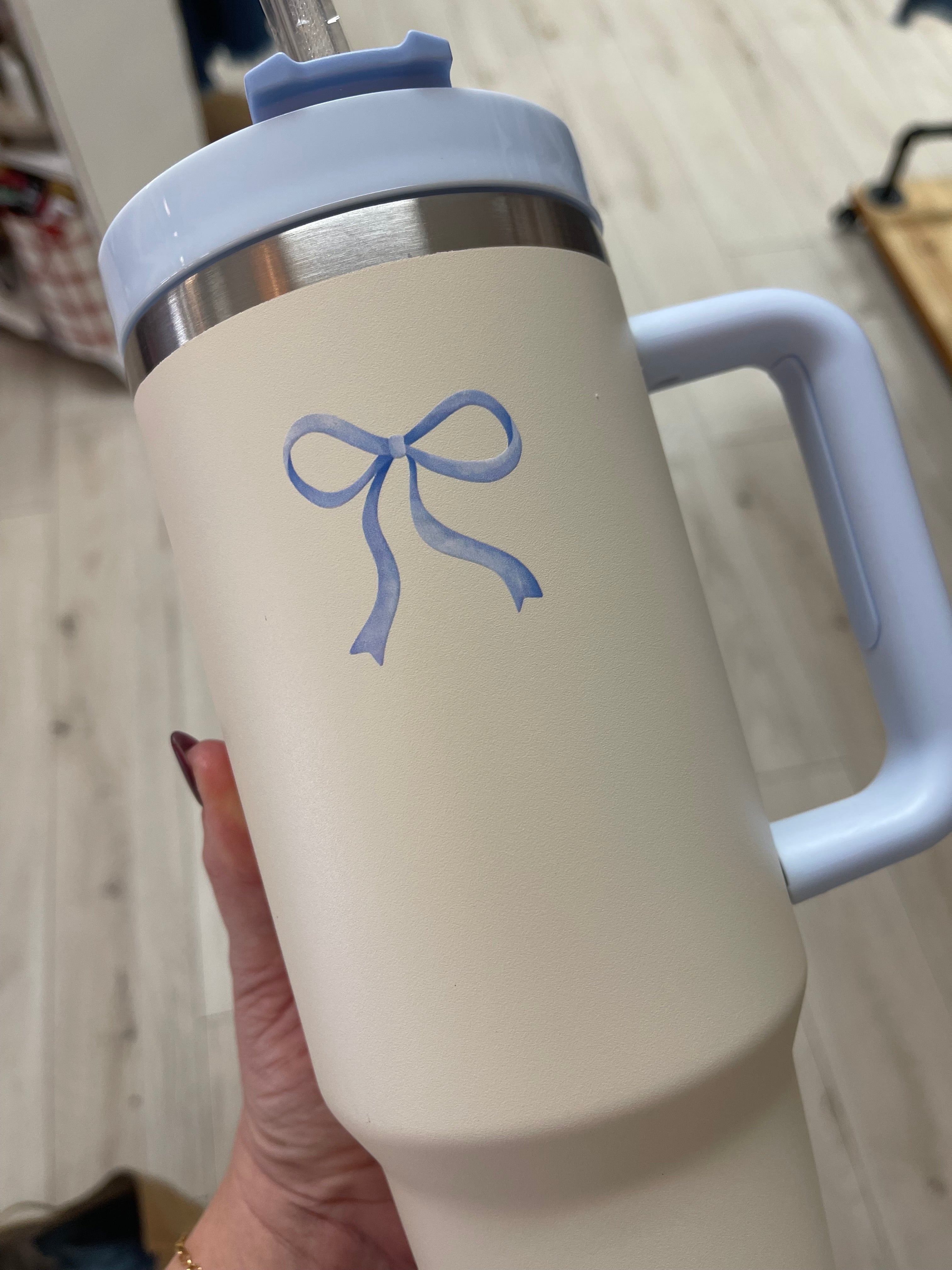 Cream Blue Bow Tumbler