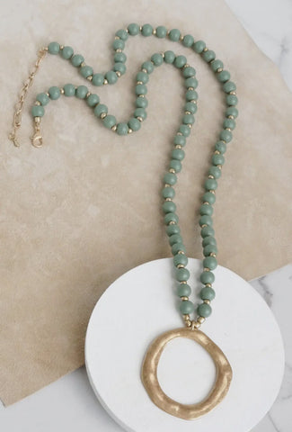 Green Long Wood Beaded Necklace