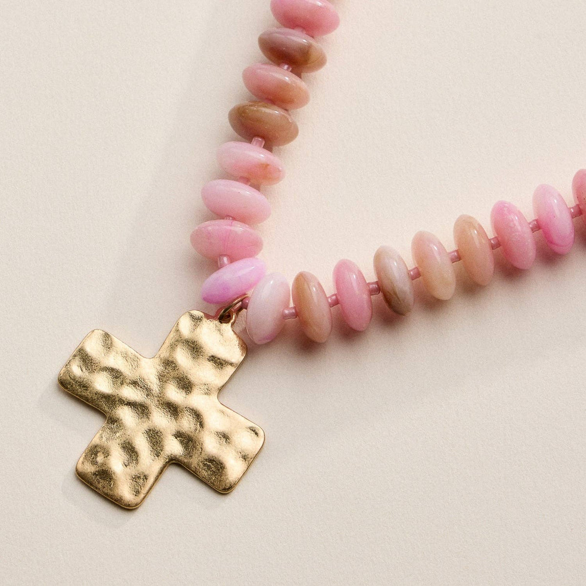 Pink Beaded Cross Pendant Necklace