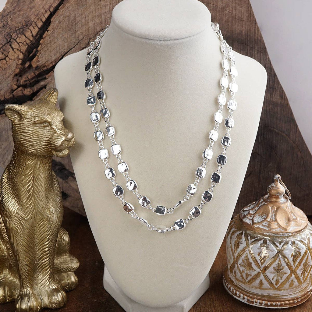 Shimmer Silver Current Textured Double Strand  Necklace