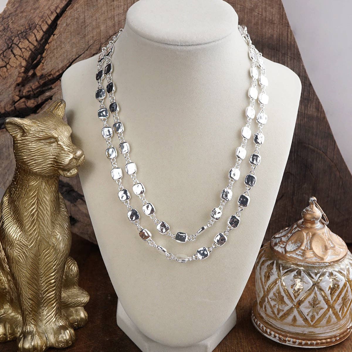Shimmer Silver Current Textured Double Strand  Necklace