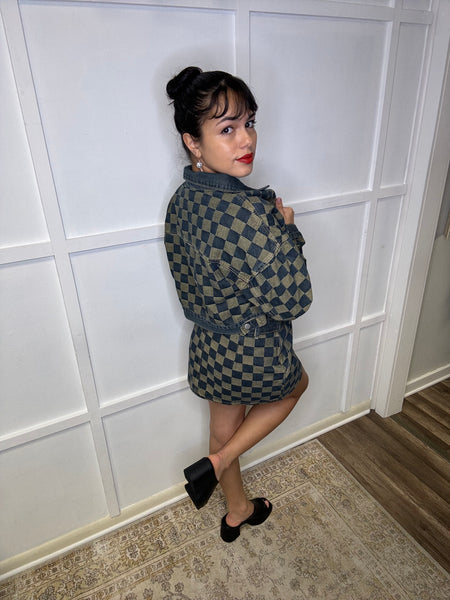 Checkered Crop Denim Jacket