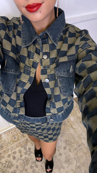 Checkered Crop Denim Jacket