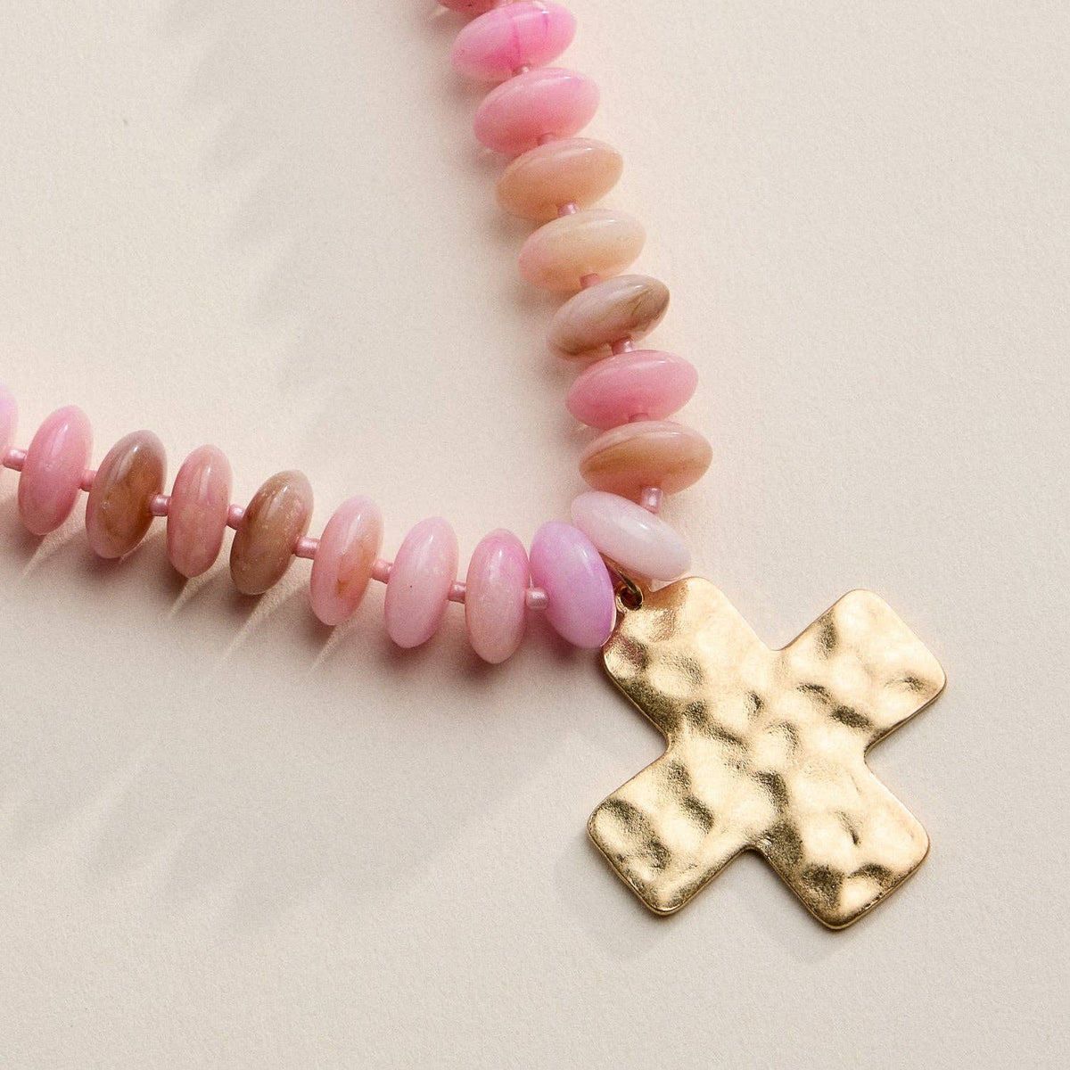 Pink Beaded Cross Pendant Necklace