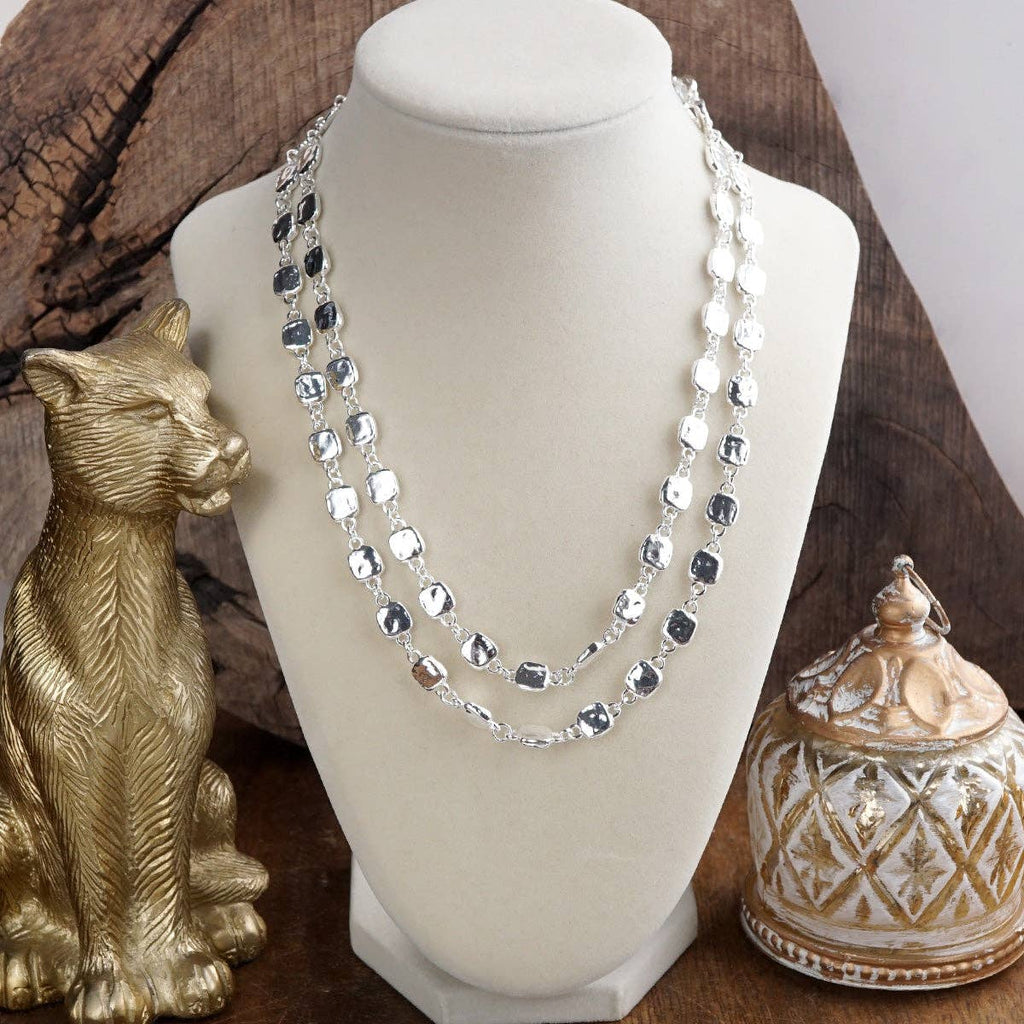Shimmer Silver Current Textured Double Strand  Necklace