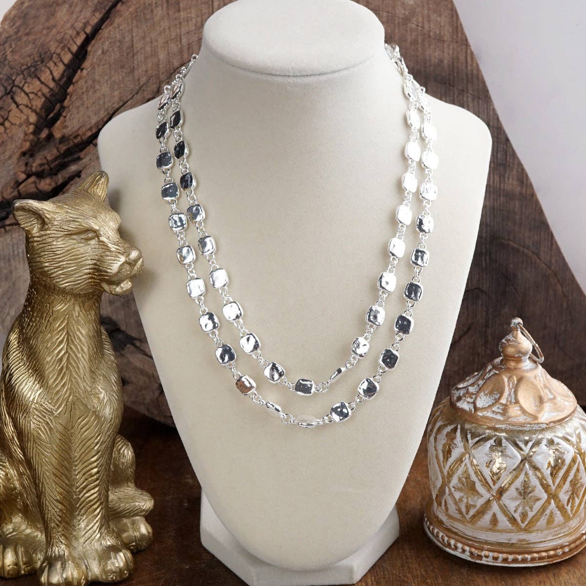 Shimmer Silver Current Textured Double Strand  Necklace